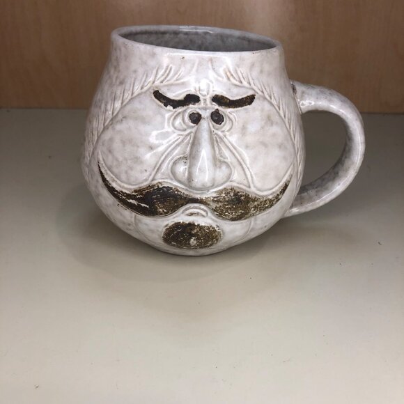Vintage Studio Art Pottery Large Funny Mustache Face Coffee Mug - Picture 2 of 7